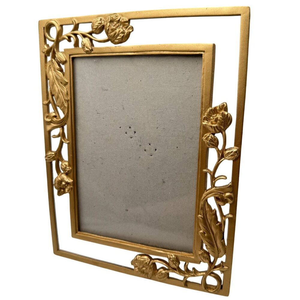 Gold Metal Floral Picture Frame 5x7 Inches With Intricate Leaf & Flower Design